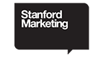 Stanford Marketing white and black logo on a black speech bubble.