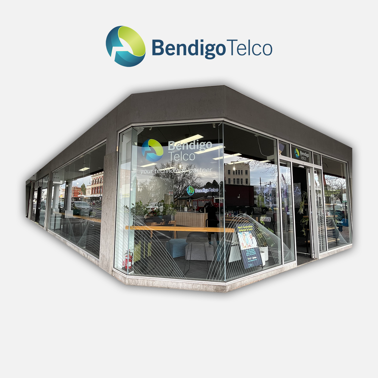 bendigo telco window signage with bendigo telco logo in centre of building