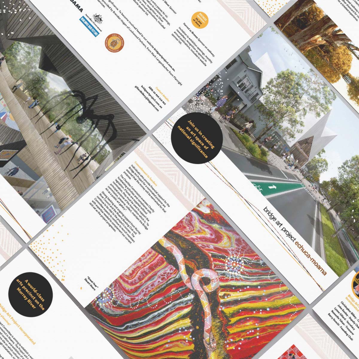 Landscape view of booklet with perspective view of street image with trees and buildings along with some aboriginal red and yellow colour artwork and snake.